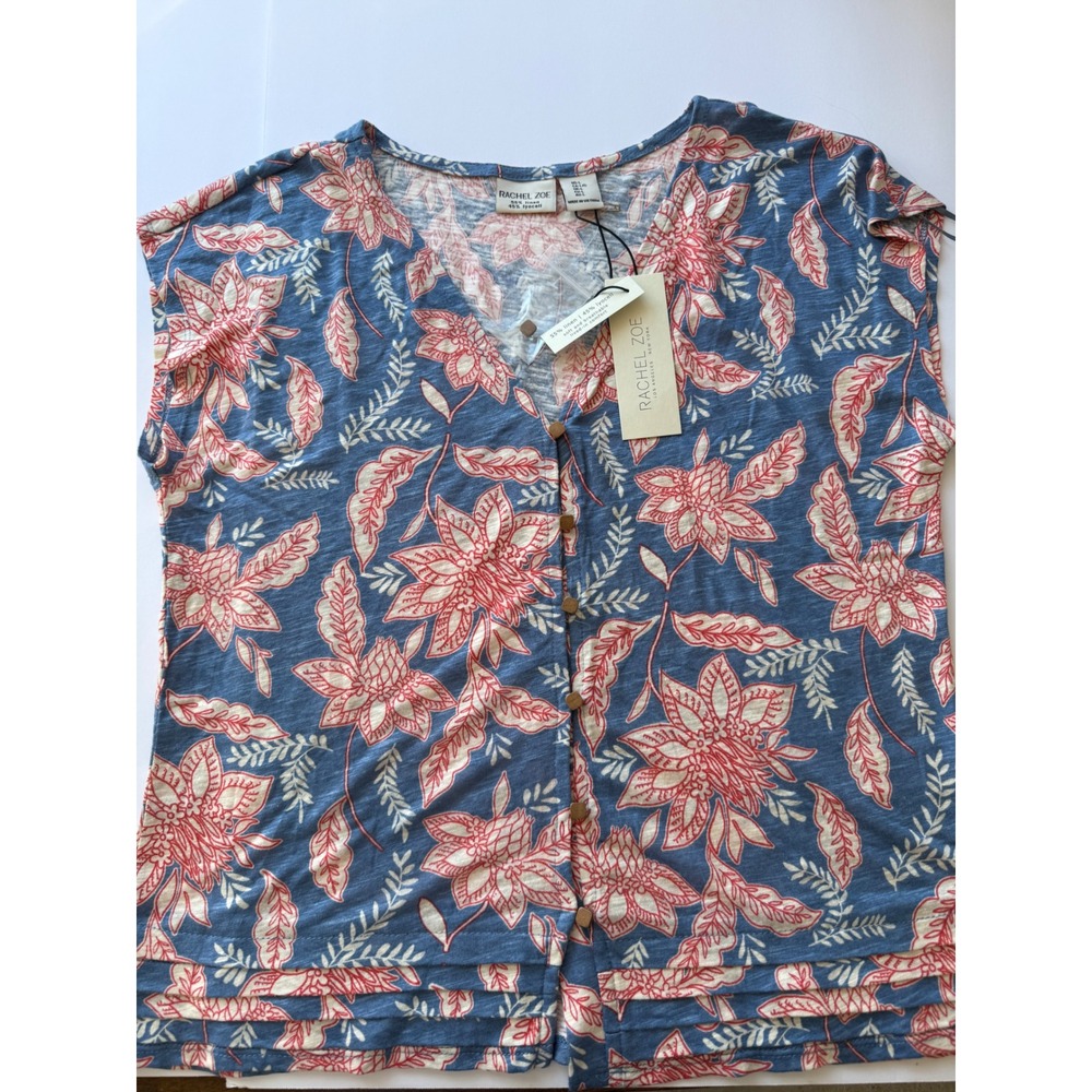 Rachel Zoe Blue Red Floral Linen Blend Tiered Hem Button Front Top Large NWT